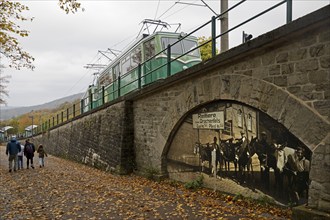 Drachenfels railway with old photo on the Eselsweg, the ascent to Drachenfels, Königswinter,