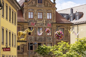 Town view of Ellwangen, Zimmerle house with magnificent façade painting. Today Adler pharmacy,