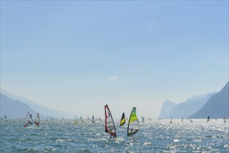 People windsurfing on a sunny day with clear blue skies and mountain backdrop, Lake garda, Torbole,