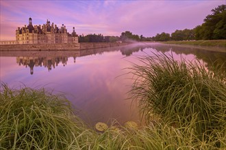 Chambord Castle with moat at sunrise, Chambord, Department Loir-et-Cher, Centre region, France,