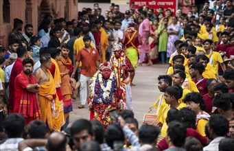 GUWAHATI, INDIA, AUGUST 19: Priests dance in the beat of Dhol (Drum) during the annual