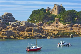 Costaeres Castle on Costaeres Island, boats in the foreground, Tregastel, Ploumanach, Cote De