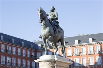 Equestrian statue in Plaza Mayor, Madrid, Spain central square tourist attraction in the heart of