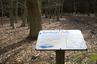 Barthorp's Folly woodland public information notice about access and management, Hollesley,