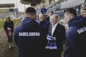 Olaf Scholz (SPD), Federal Chancellor, recorded at a meeting with representatives of SV Babelsberg