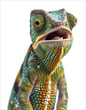 Beautiful expressive chameleon singing of talking isolated on a white background, AI generated