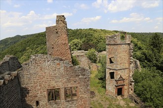 Madenburg Castle above Eschbach in summer. It is considered one of the most beautiful castle ruins