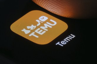 The logo of the Temu app (online marketplace) from Chinese company PDD Holdings can be seen next to