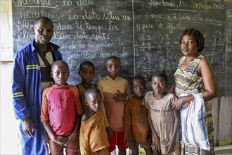 Teachers and pupils in a Pygmy school, Libongo, Est region, Cameroon, Africa