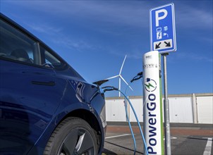 Electric car fast charging station, from the Dutch provider PowerGo, in the ferry harbour of