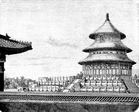 Newer Chinese temple, tower, round, pagodas, China, historical illustration 1880, Asia