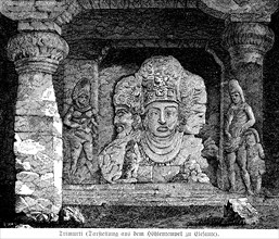 Trimurti, depiction from the cave temple, Elephanta Island, dedicated to God Shiva, grotto, Mumbai,