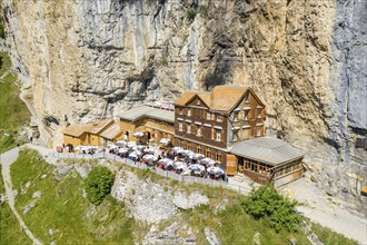 Ebenalp, Guest house Aescher, Wildkirchli under the Ascher cliff, aerial view, Ebenalp, Appenzell,