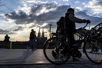 Panorama, Skyline of Cologne, with the cathedral and the railway bridge, Hohenzollern Bridge, on