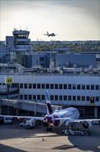 Düsseldorf Airport, Eurowings aircraft at Terminal A, on approach, former tower