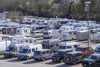 Motorhomes, parking, overnight stay at the P2 car park during the Reise + Camping trade fair in