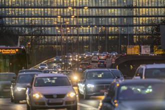 City centre traffic, Danziger Straße, B8, Düsseldorf, high-rise office building, evening traffic,