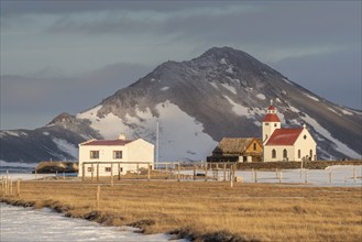 Mödrudalur church and farm, winter, snow covered, Iceland, Europe