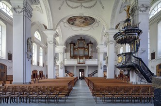 Interior view of Peter and Paul parish church, pillared hall church, organ, pulpit, Willisau,