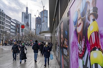 Zeil shopping street, pedestrian zone, winter weather, city centre skyline, sale, banking district,