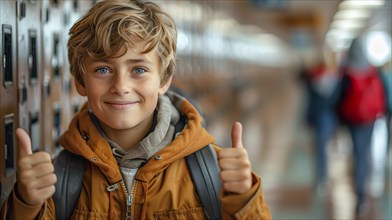 Cute caucasian school boy giving a thumbs up in the hallway of his school. generative AI, AI