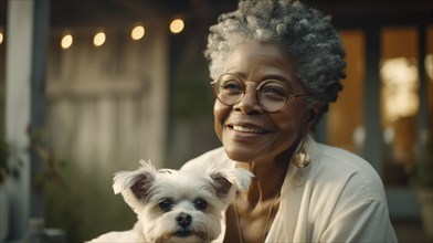 Attractive happy african american elderly woman on her porch holding her maltese puppy, generative