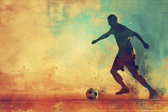 A soccer player dribbles and kicks a soccer ball. Abstract vintage grungy poster style with muted