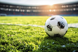 A soccer ball on a green field in soccer football stadium in evening on sunset with floodlights