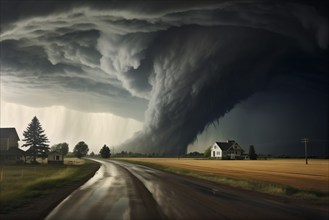 Disaster catastrophe storm concept, tornado in a field in the USA with wooden house and road under