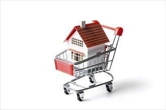 Real estate shopping concept, a house is a shopping cart isolated on white background, AI generated