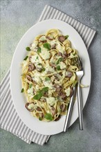 Fettuccine with champignons, basil, in cream sauce, homemade, no people