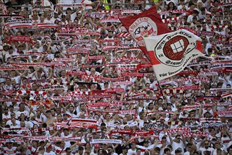 Fan block VfB Stuttgart flags, scarves, atmosphere, atmospheric, MHPArena, MHP Arena Stuttgart,