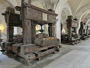 Lay refectory, exhibition of historical wine presses from the period 1668 to 1801, Eberbach