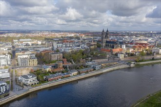 Magdeburg with cathedral, state parliament building, Hunderwasser house, residential buildings, in