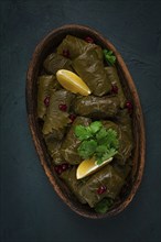 Dolma (Tolma) stuffed rolls, minced meat with rice, in grape leaves, top view, no people, close-up