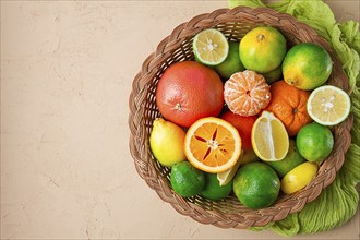 Assortment, citrus fruits, in a basket, close-up, top view, no people