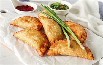 Fried chebureks, close-up, on a light background, no people