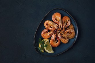 Fried with spices, King prawns, undivided, top view, selective focus, seafood, shrimp, no people