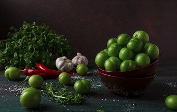 Tkemali, green cherry plum, with ingredients for sauce, cilantro, mint, hot pepper, garlic, on a