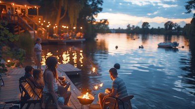 Families enjoing the holiday with outdoor fun and sparklers. generative AI, AI generated