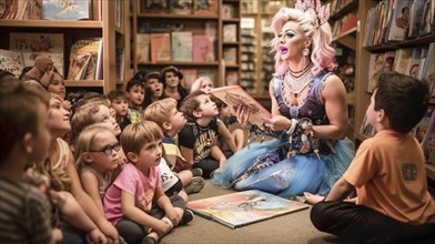 Drag queen reading A book to several young children in a bookstore, AI generated