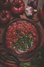 Chashushuli, a traditional Georgian dish, spicy, stewed meat with tomatoes and spices, homemade, no