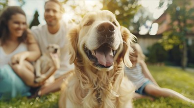 Happy smiling family with children playing with a golden retriever at home lawn, AI generated