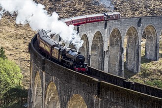 Jacobite steam train at the Glenfinnan viaduct, scottish highland, Scotland, UK