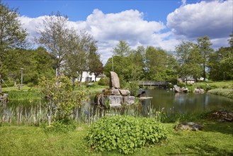 Spa gardens with pond and wooden bridge in the Innerlehen district, Bernau im Black Forest, Black