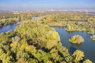 Drone shot of lake Döhrener teich (right) and Ricklinger Teich (left), south of Hannover city,