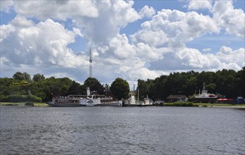 Rescue helicopter near paddle steamer Freya in the Kiel Canal, Kiel Canal, Schleswig-Holstein,