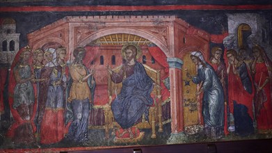 Religious fresco depicting Jesus and other figures in a biblical scene, Inside the monastery, Agiou