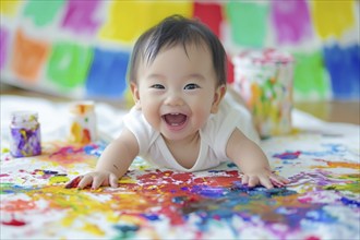 Creative asian child having fun drawing and playing with colors and painting brushes, AI generated