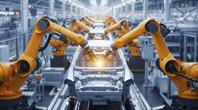 Car factory conveyor belt assemblance line production with robots and artificial intelligence, AI